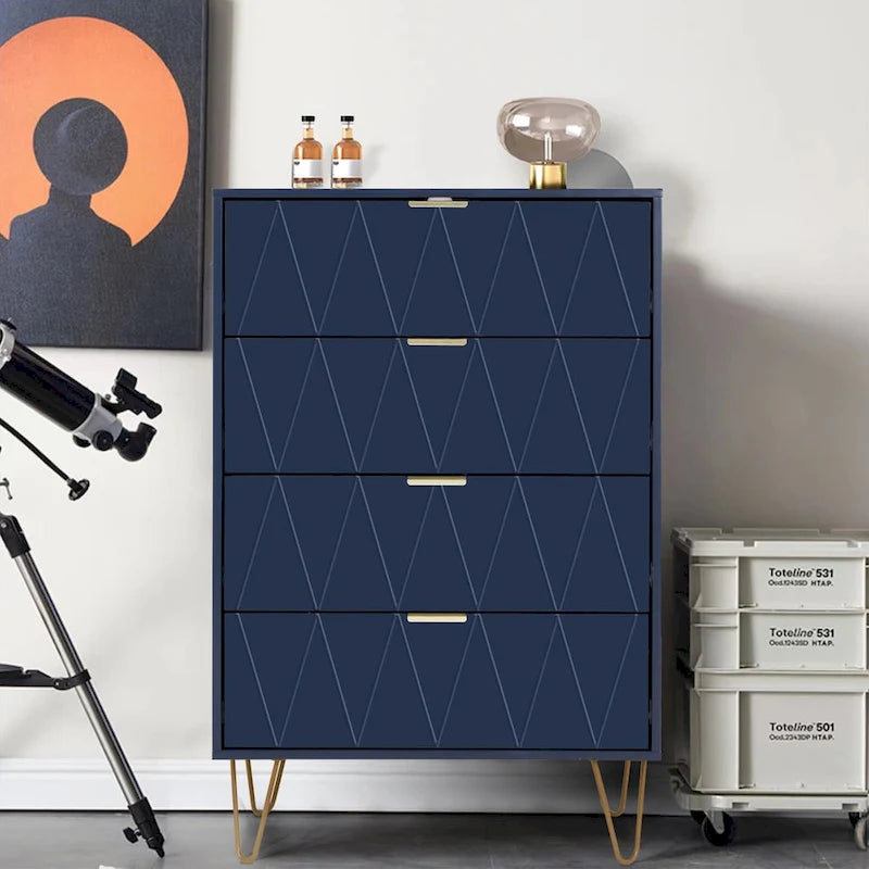 Commode à 4 tiroirs Armoire de rangement haute avec pieds en métal pour chambre à coucher et salon