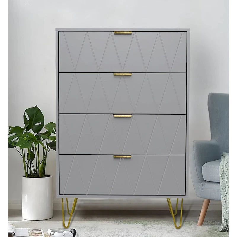 Commode à 4 tiroirs Armoire de rangement haute avec pieds en métal pour chambre à coucher et salon