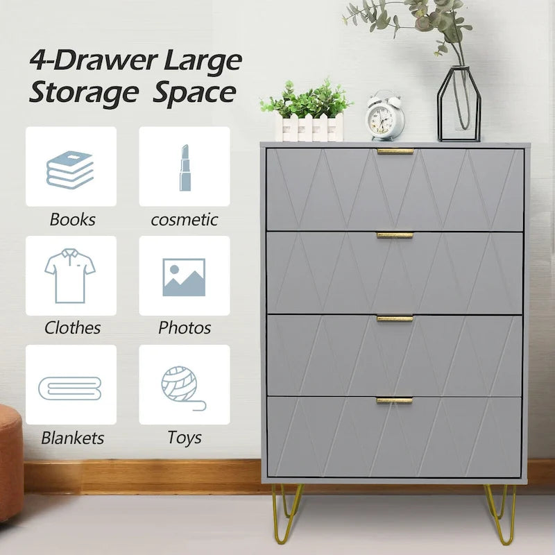 Commode à 4 tiroirs Armoire de rangement haute avec pieds en métal pour chambre à coucher et salon