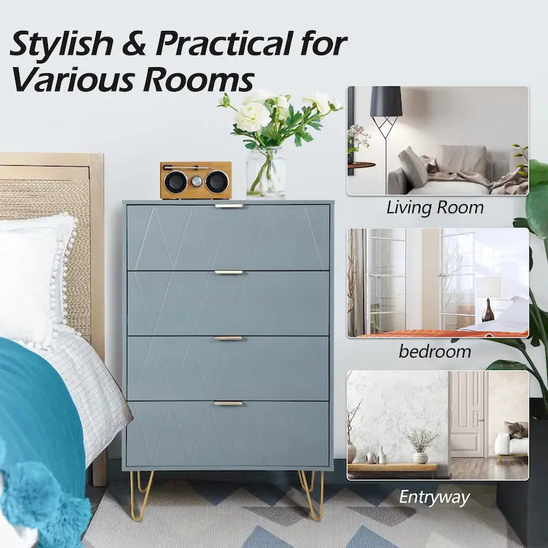 Commode à 4 tiroirs Armoire de rangement haute avec pieds en métal pour chambre à coucher et salon