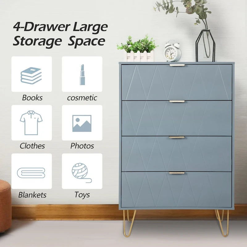 Commode à 4 tiroirs Armoire de rangement haute avec pieds en métal pour chambre à coucher et salon
