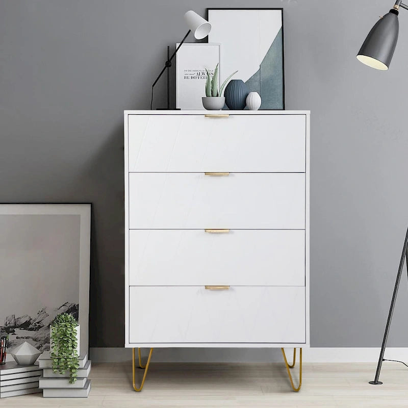 Commode à 4 tiroirs Armoire de rangement haute avec pieds en métal pour chambre à coucher et salon