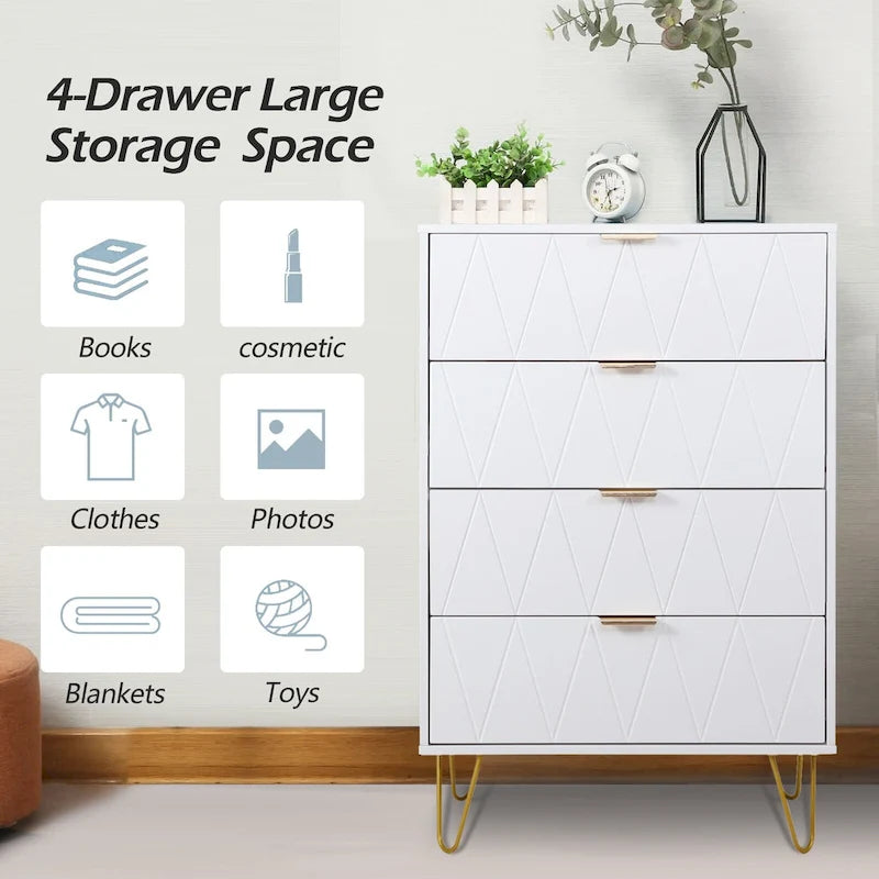 Commode à 4 tiroirs Armoire de rangement haute avec pieds en métal pour chambre à coucher et salon