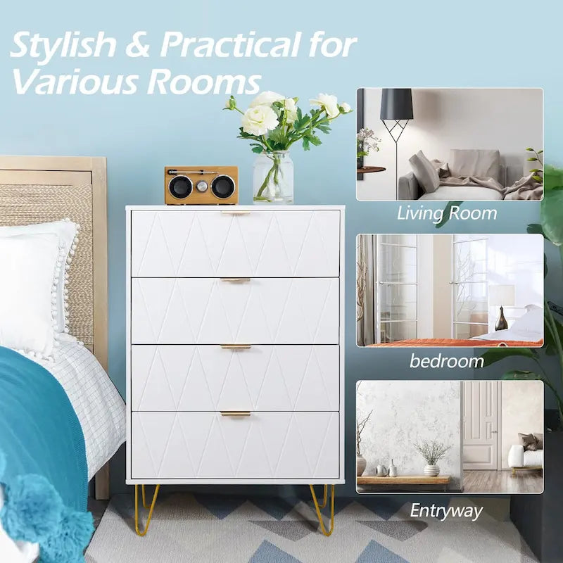 Commode à 4 tiroirs Armoire de rangement haute avec pieds en métal pour chambre à coucher et salon