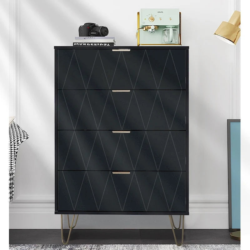 Commode à 4 tiroirs Armoire de rangement haute avec pieds en métal pour chambre à coucher et salon