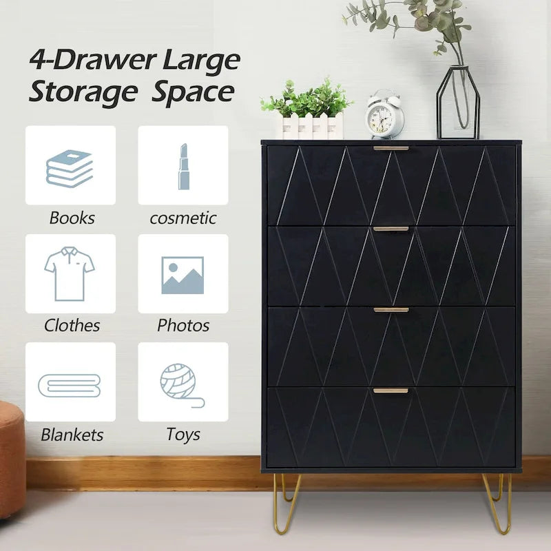 Commode à 4 tiroirs Armoire de rangement haute avec pieds en métal pour chambre à coucher et salon