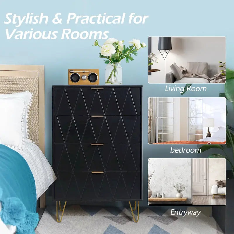 Commode à 4 tiroirs Armoire de rangement haute avec pieds en métal pour chambre à coucher et salon