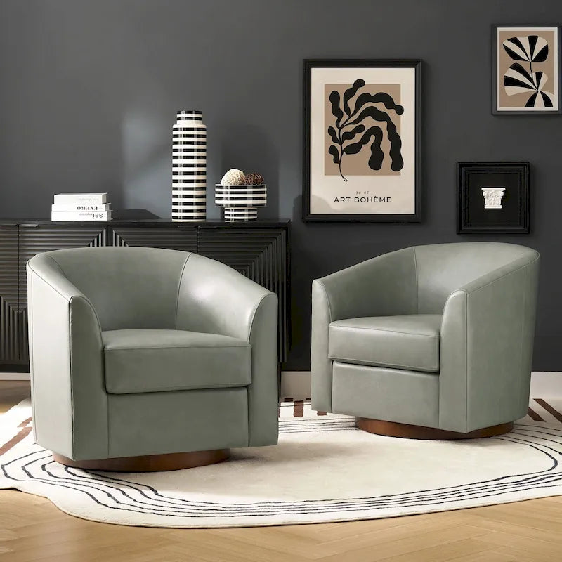 Fauteuil pivotant en cuir véritable de style moderne avec base en bois massif, lot de 2