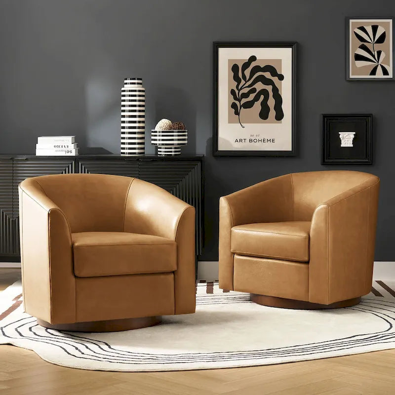 Althea Modern Genuine Leather Swivel Barrel Chair with Solid Wood Base Set of 2 By 