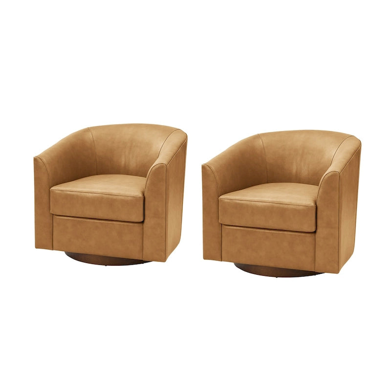 Fauteuil pivotant en cuir véritable de style moderne avec base en bois massif, lot de 2
