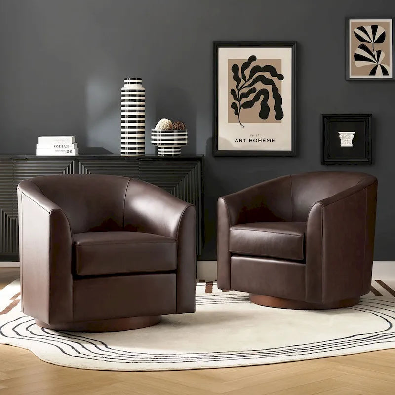 Fauteuil pivotant en cuir véritable de style moderne avec base en bois massif, lot de 2