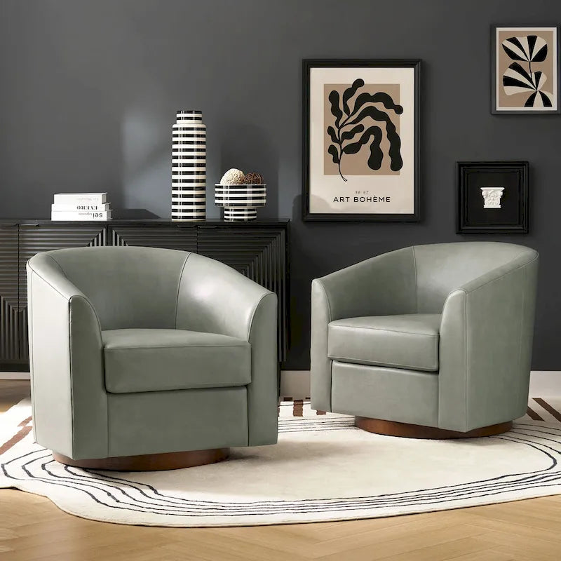 Fauteuil pivotant en cuir véritable de style moderne avec base en bois massif, lot de 2