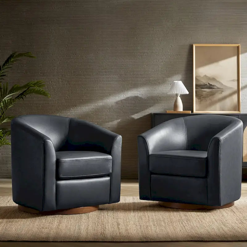 Fauteuil pivotant en cuir véritable de style moderne avec base en bois massif, lot de 2