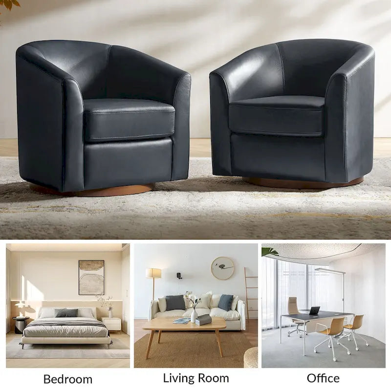 Fauteuil pivotant en cuir véritable de style moderne avec base en bois massif, lot de 2
