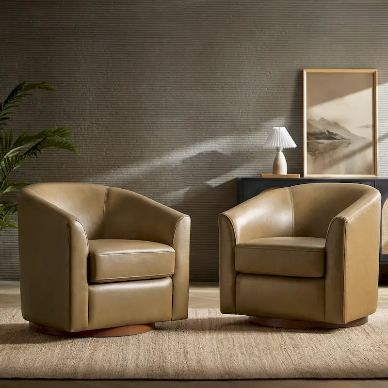 Fauteuil pivotant en cuir véritable de style moderne avec base en bois massif, lot de 2