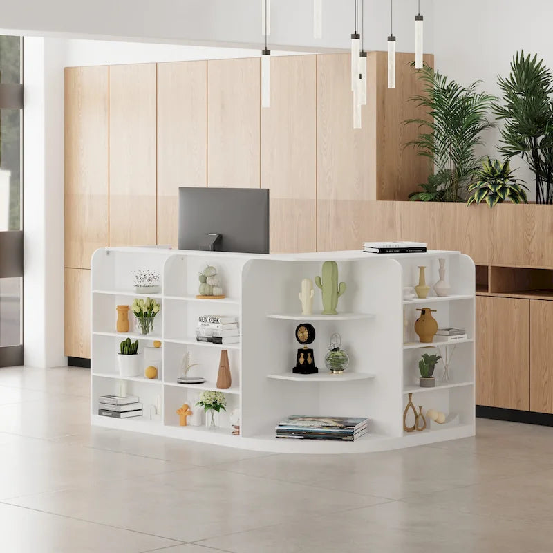 70.9 Bureau de réception blanc incurvé avec étagères et rangements