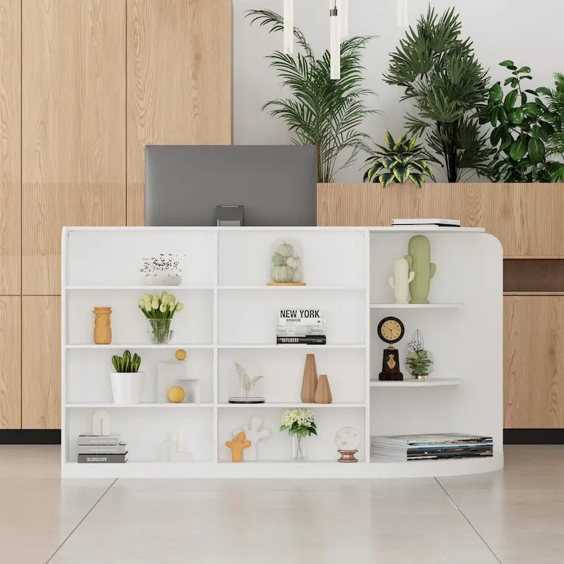 70.9 Bureau de réception blanc incurvé avec étagères et rangements