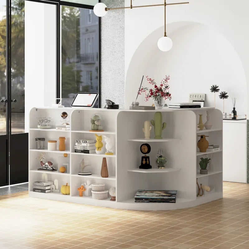 70.9 Bureau de réception blanc incurvé avec étagères et rangements