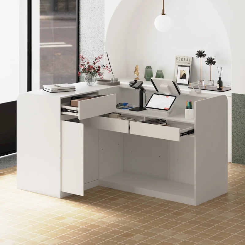 70.9 Bureau de réception blanc incurvé avec étagères et rangements