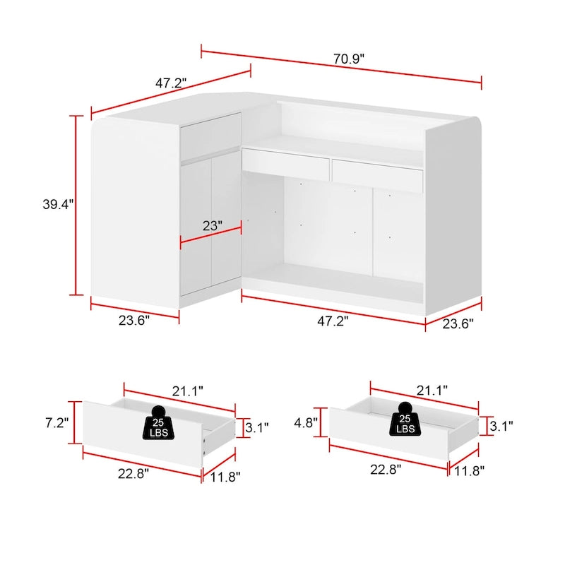 70.9 Bureau de réception blanc incurvé avec étagères et rangements
