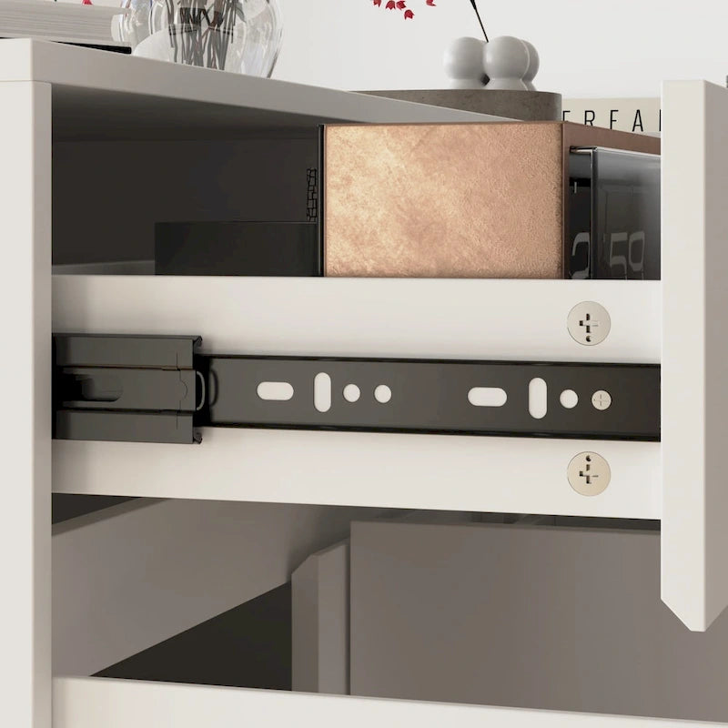 70.9 Bureau de réception blanc incurvé avec étagères et rangements