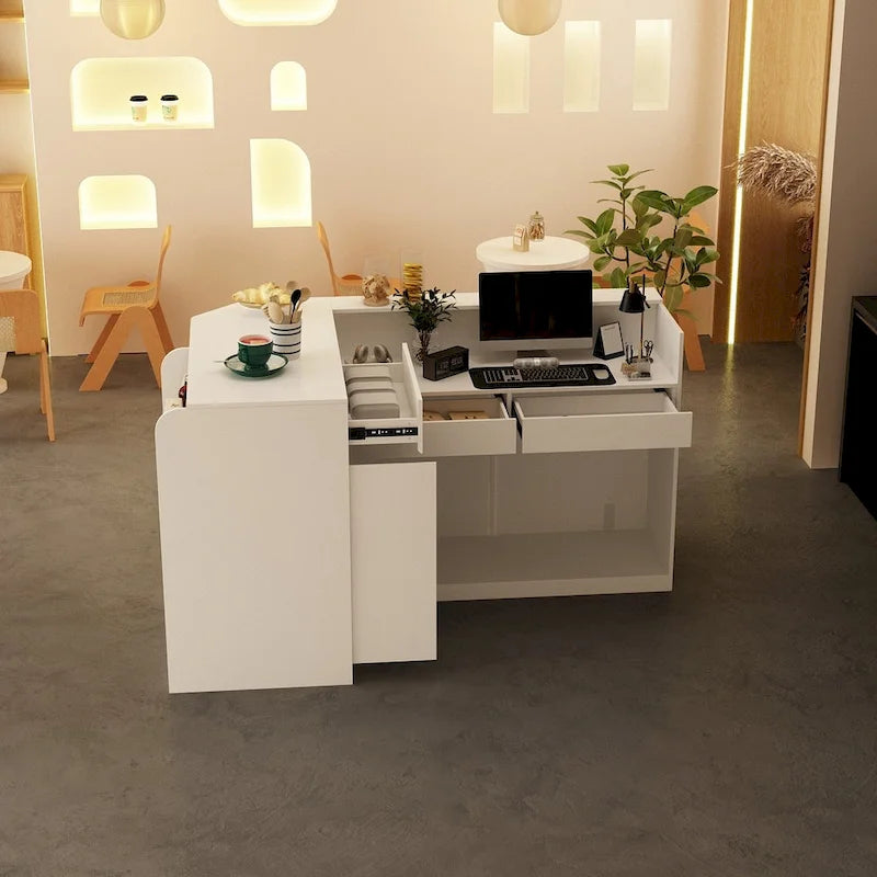 70.9 Bureau de réception blanc incurvé avec étagères et rangements