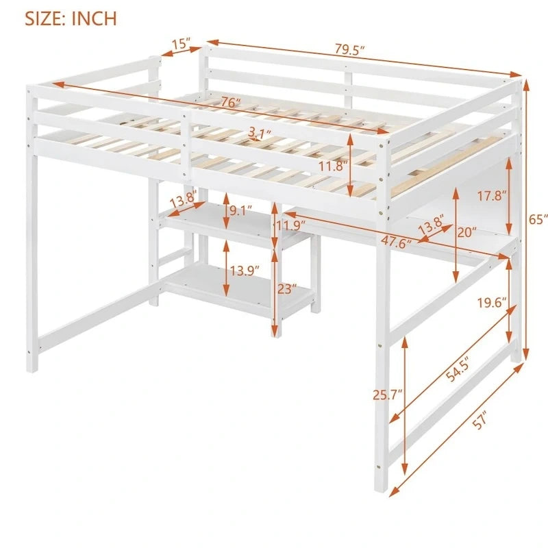 Lit mezzanine en bois pleine grandeur avec étagères, bureau et tableau d'écriture
