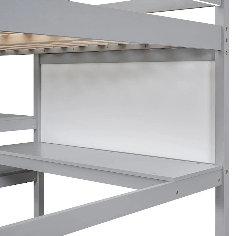 Lit mezzanine en bois pleine grandeur avec étagères, bureau et tableau d'écriture
