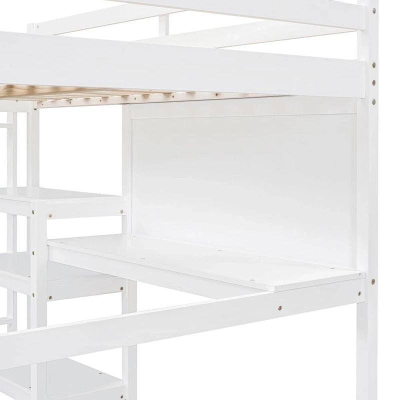 Lit mezzanine en bois pleine grandeur avec étagères, bureau et tableau d'écriture