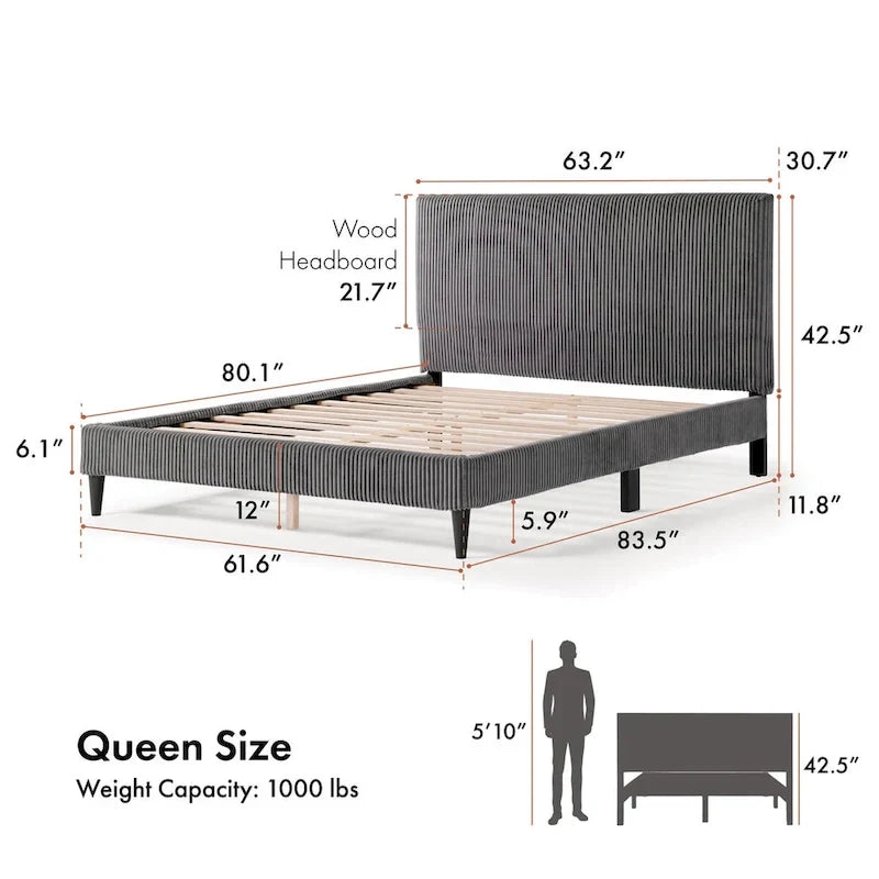 Housse de lit lavable en velours côtelé de taille Queen moderne, housse de tête de lit et de cadre de lit uniquement