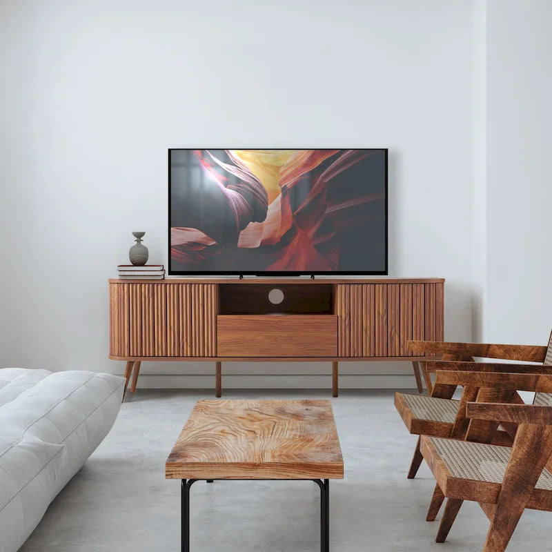 Meuble TV de ferme incurvé de 70 po avec tiroir et portes de rangement, adapté aux téléviseurs jusqu'à 75 po avec gestion des câbles