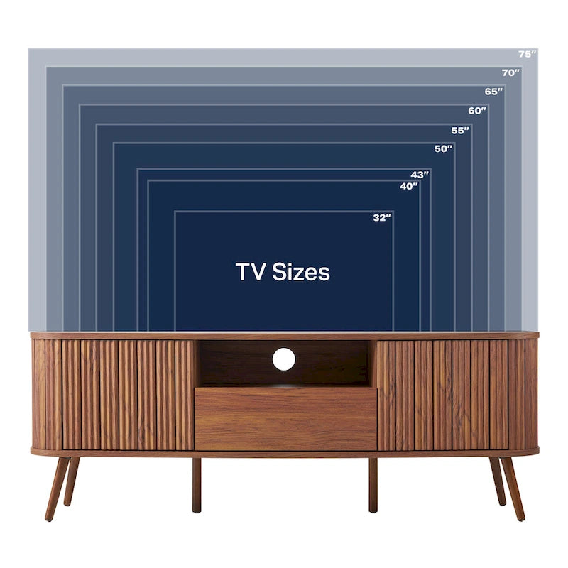 Meuble TV de ferme incurvé de 70 po avec tiroir et portes de rangement, adapté aux téléviseurs jusqu'à 75 po avec gestion des câbles
