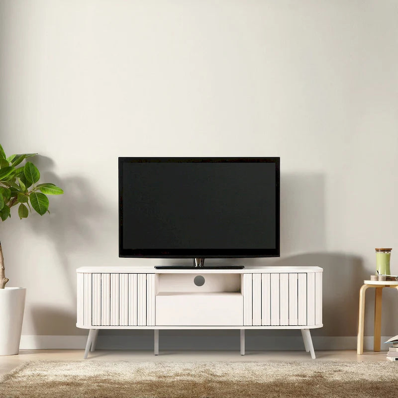 Meuble TV de ferme incurvé de 70 po avec tiroir et portes de rangement, adapté aux téléviseurs jusqu'à 75 po avec gestion des câbles