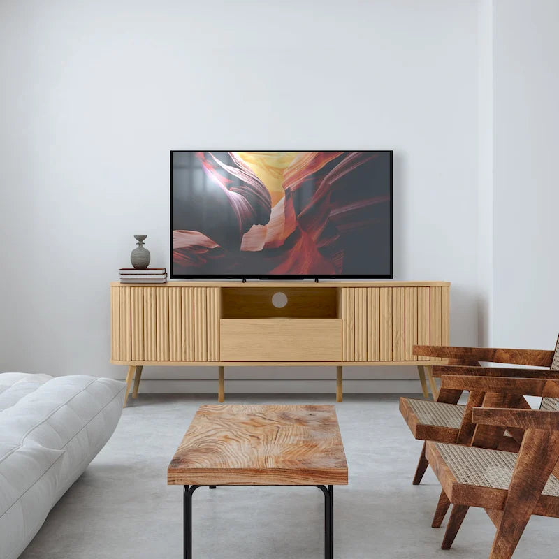 Meuble TV de ferme incurvé de 70 po avec tiroir et portes de rangement, adapté aux téléviseurs jusqu'à 75 po avec gestion des câbles
