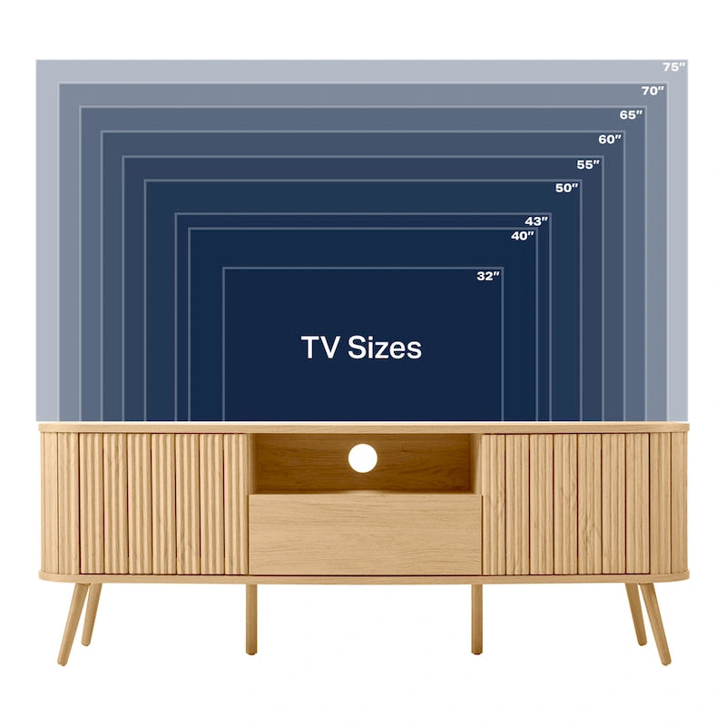 Meuble TV de ferme incurvé de 70 po avec tiroir et portes de rangement, adapté aux téléviseurs jusqu'à 75 po avec gestion des câbles