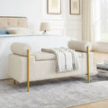 Banc de rangement capitonné en lin avec accoudoirs cylindriques et pieds en fer