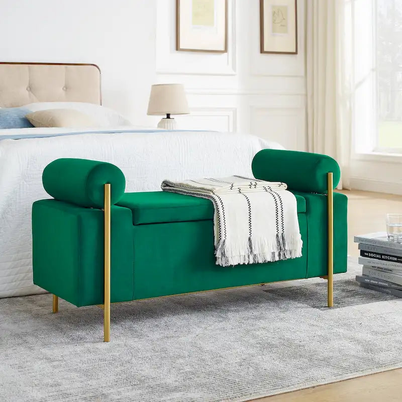 Banc de rangement capitonné en lin avec accoudoirs cylindriques et pieds en fer