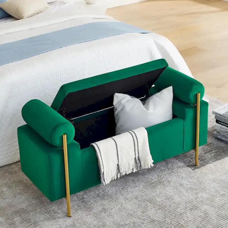 Banc de rangement capitonné en lin avec accoudoirs cylindriques et pieds en fer