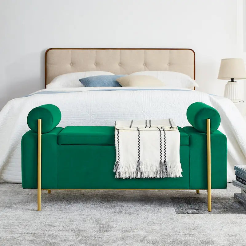 Banc de rangement capitonné en lin avec accoudoirs cylindriques et pieds en fer