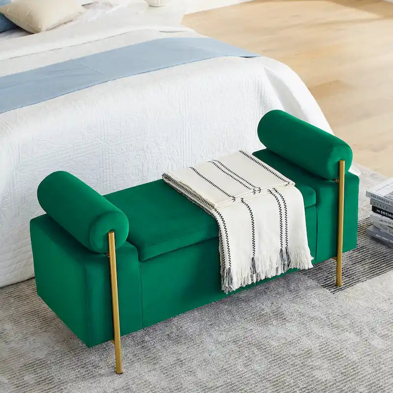 Banc de rangement capitonné en lin avec accoudoirs cylindriques et pieds en fer