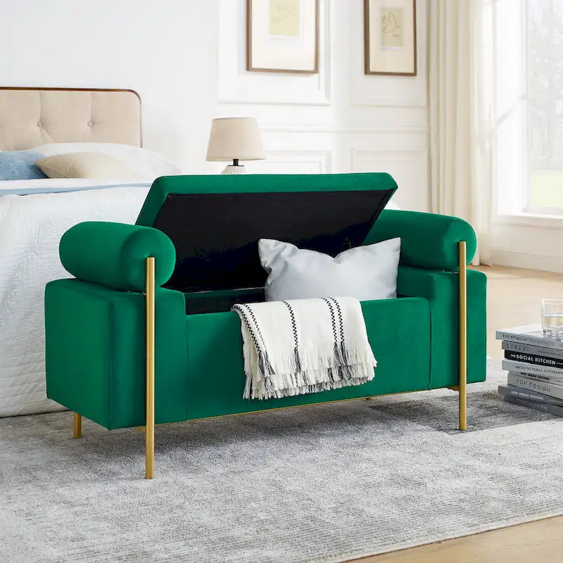 Banc de rangement capitonné en lin avec accoudoirs cylindriques et pieds en fer