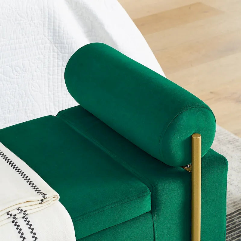 Banc de rangement capitonné en lin avec accoudoirs cylindriques et pieds en fer