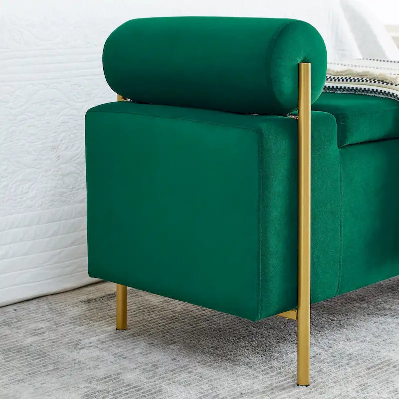Banc de rangement capitonné en lin avec accoudoirs cylindriques et pieds en fer
