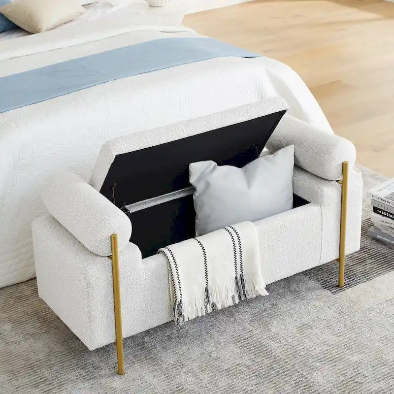 Banc de rangement capitonné en lin avec accoudoirs cylindriques et pieds en fer
