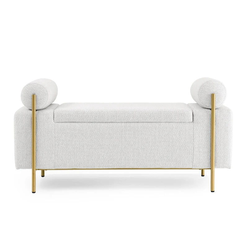 Banc de rangement capitonné en lin avec accoudoirs cylindriques et pieds en fer
