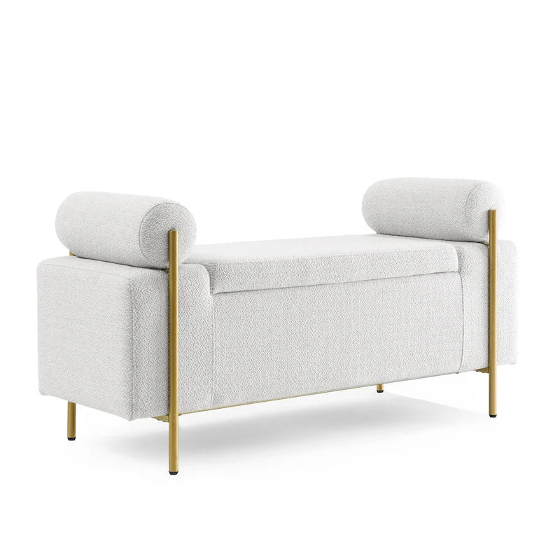 Banc de rangement capitonné en lin avec accoudoirs cylindriques et pieds en fer