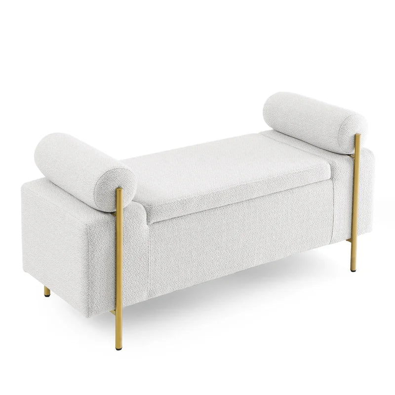 Banc de rangement capitonné en lin avec accoudoirs cylindriques et pieds en fer