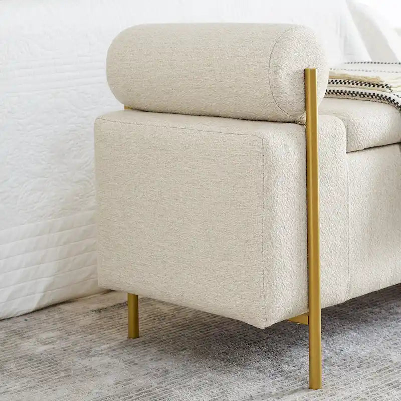 Banc de rangement capitonné en lin avec accoudoirs cylindriques et pieds en fer