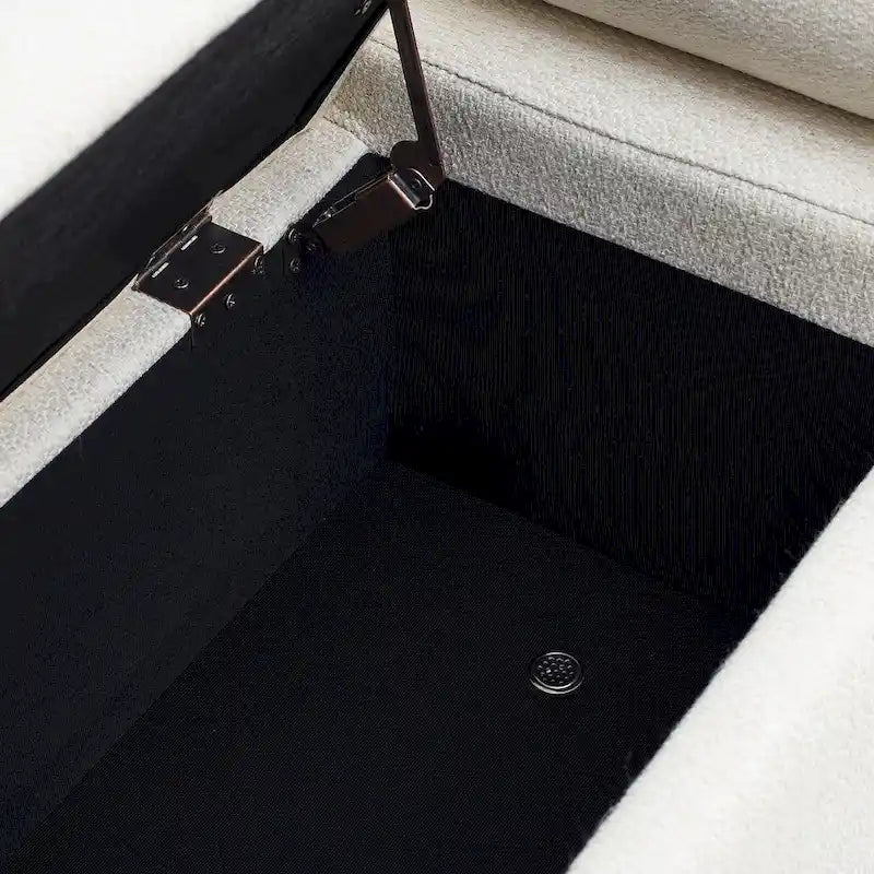 Banc de rangement capitonné en lin avec accoudoirs cylindriques et pieds en fer
