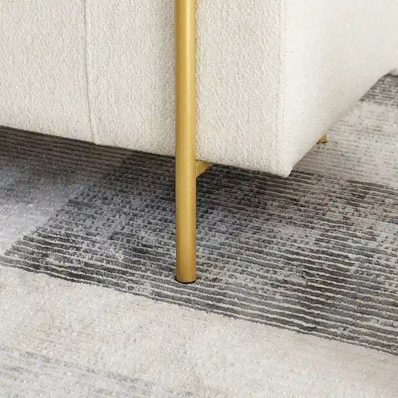 Banc de rangement capitonné en lin avec accoudoirs cylindriques et pieds en fer